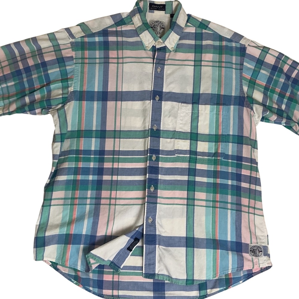 Gant Salty Dog Button Down Shirt Mens Large Multicolor Plaid Short Sleeve Cotton